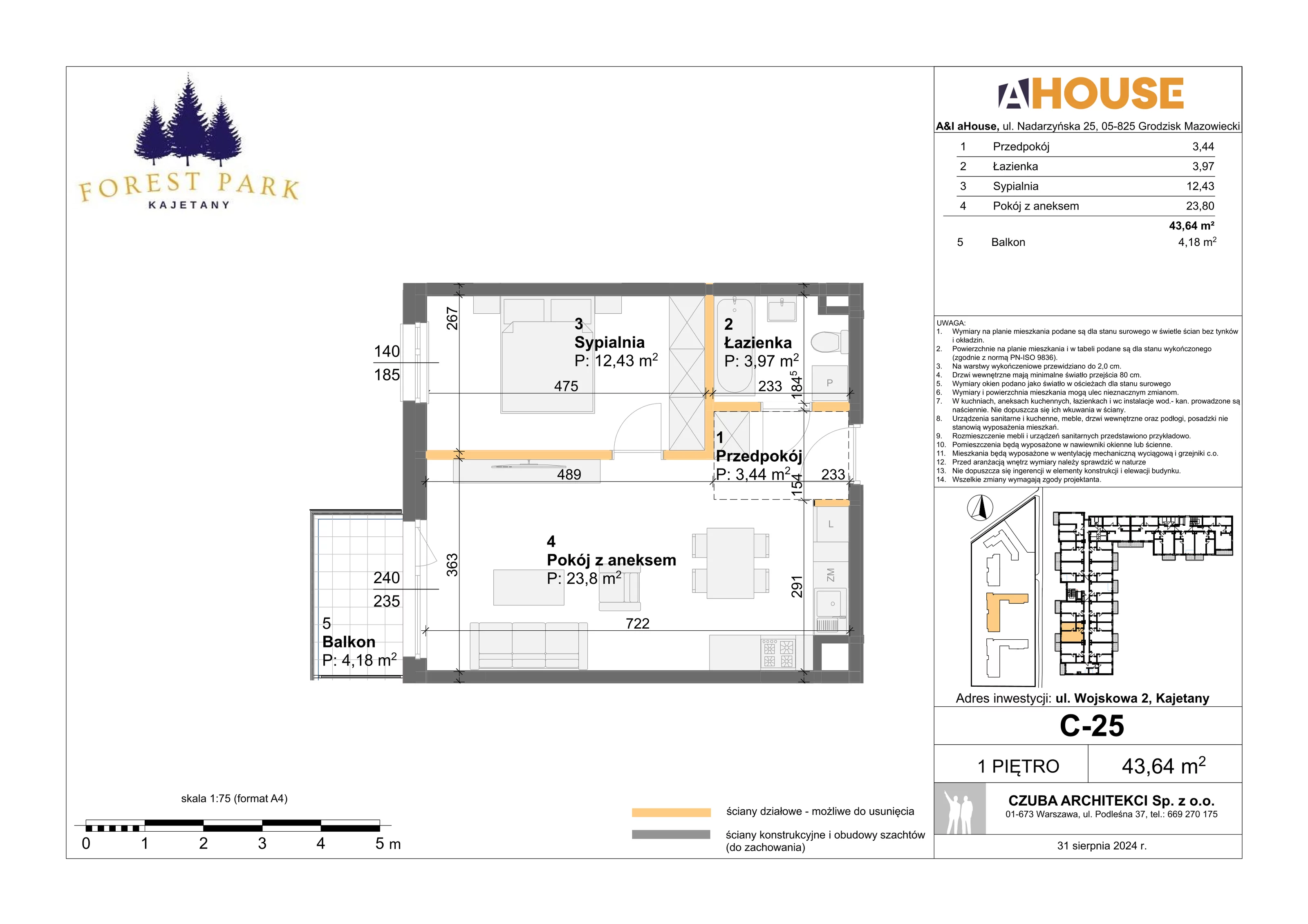 2 pokoje, mieszkanie 43,64 m², piętro 1, oferta nr C-25, Forest Park Kajetany, Kajetany, ul. Wojskowa 2